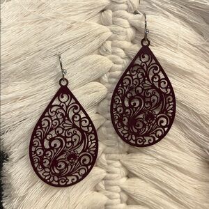 Elegant Burgundy Boho Teardrop Filigree Earrings With French Hooks